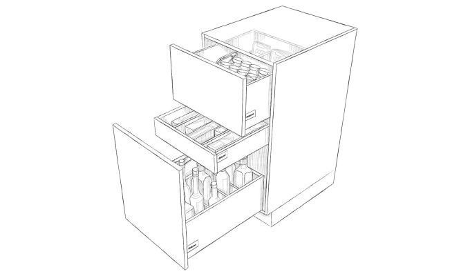 Schubladen mit Inneneinteilung machen den Unterschrank in der Küche besonders übersichtlich. Beispiel Gewürze, Essig, Öl, Schneidbretter und Folien.